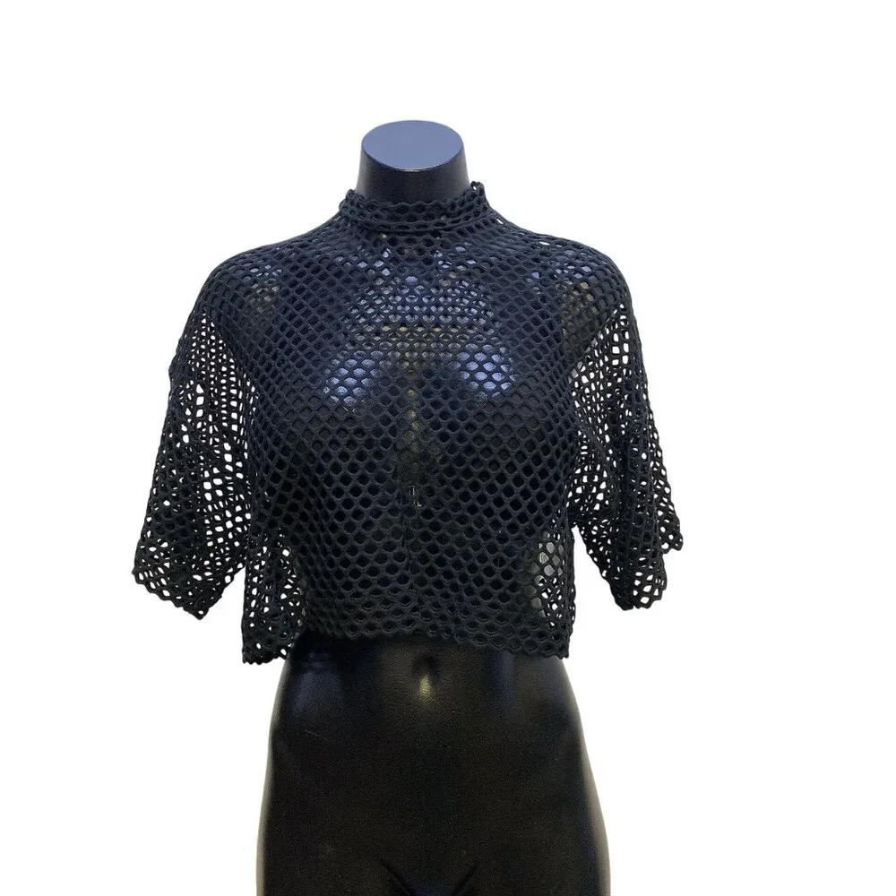 Akris Punto Black Crop Mesh Crochet Short Sleeve Mock Neck Top 6 - Picture 1 of 6